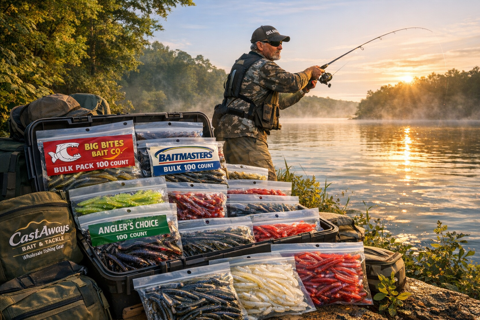 Angler casting soft plastic bait from Bulk Plastic Baits into freshwater lake at sunrise